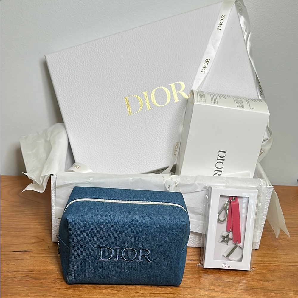 New Dior Blue Cosmetic Pouch with Keychain